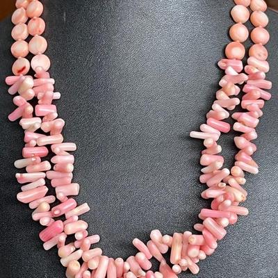 Vintage Pink Coral & Shell Double Strand 18 Inch Necklace 