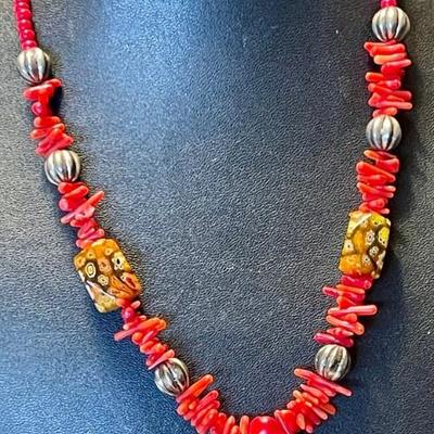 Vintage Branch Coral & Millefiori Bead 18 Inch Necklace With Large Red Coral Pendant 