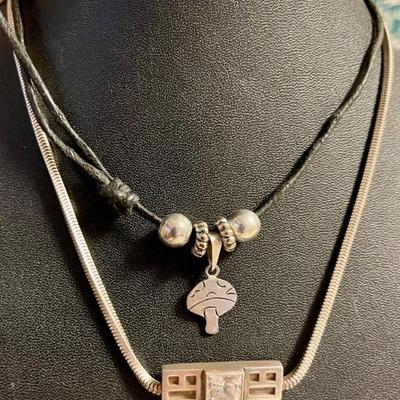 (2) Vintage Necklaces Mexico Sterling Silver On Cord & Silver Tone Square W Snake Chain