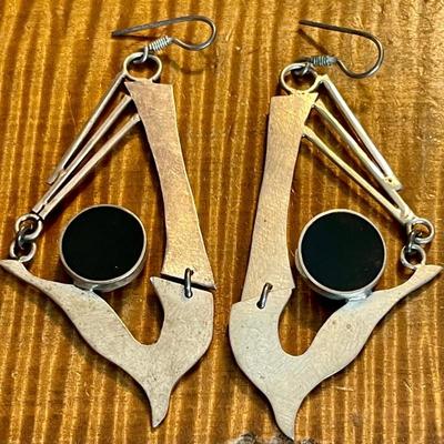Vintage Mexico Sterling Silver & Black Onyx Earrings - Total Weight 19.51 Grams 