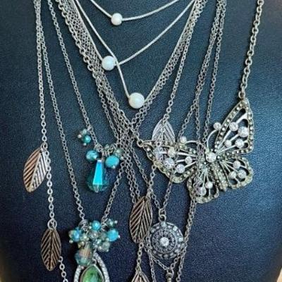 Collection Of Silver Tone Necklaces - Quartz Crystal - Faux Pearl - Blue Glass & Rhinestone Butterfly