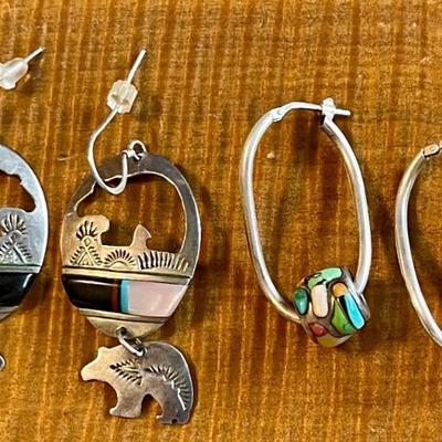 2 Pairs Of Sterling Silver And Inlay Stone Earrings - Zuni Randy Mahooty & Inlay Ball Bead  