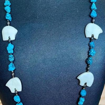 Vintage Carved Bone Bear & Chunk Turquoise Zuni Fetish 26 Inch Necklace 