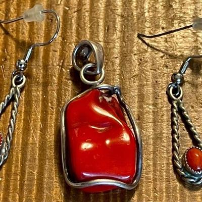 Vintage Sterling Silver & Branch Coral Pendant And Matching Earrings By A H 