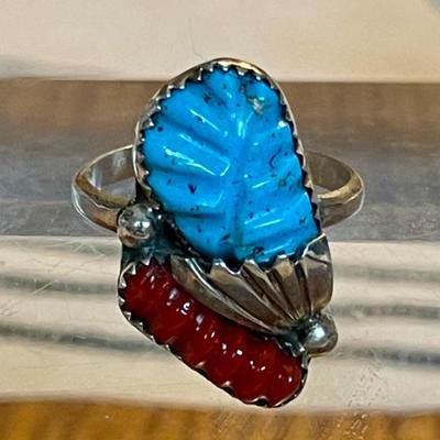 Vintage Zuni Lyolita Tsattie Sterling Silver Turquoise And Coral Ring Size 10.5 Total Weight 5.31 Grams 