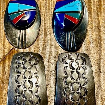 (2) Pairs Of Navajo Sterling Silver & Inlay Earrings - Fred Maloney Multi Stone & Stamped Silver (Both As Is) 