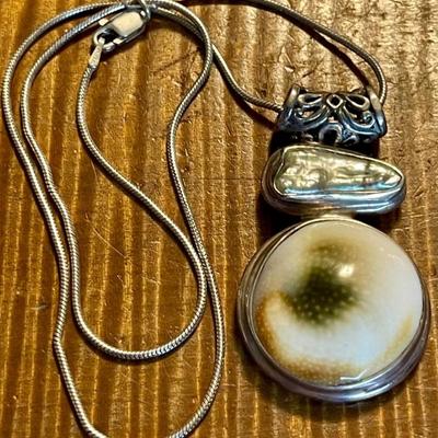 Sterling Silver Mystic Shiwa Eye Shell Pendant W Blister Pearl & Sterling Silver 16 Inch Necklace 19.87 Grams