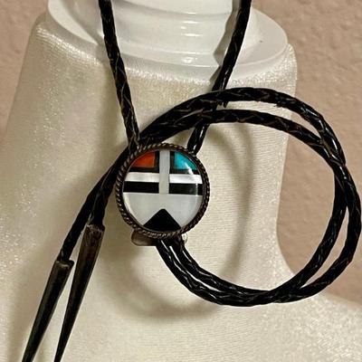 Zuni Sterling Silver Inlay Sun Face Bolo Tie Mother Of Pearl - Turquoise - Coral - Onyx W Braided Leather Cord
