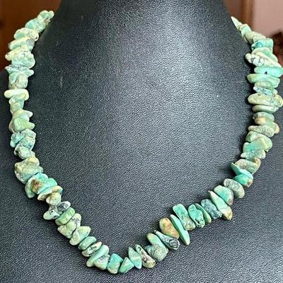 Vintage Chunk Turquoise 16 Inch Necklace With Sterling Silver Hook