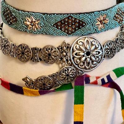 (3) Vintage Belts - Colorful Woven - Seed Bead & Shell (as Is) And Silver Tone Metal Stretch 