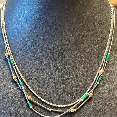 (2) Liquid Silver Bead Necklaces Malachite Beads & Gold Tone Beads (1) Twist Sterling Silver 15-16 Inches Long