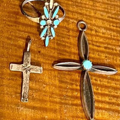 Vintage Zuni Turquoise Inlay Ring (as Is) Sterling Cross W Turquoise & Etched Sterling Cross