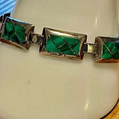 Vintage Teme Navajo Sterling Silver & Malachite Inlay 7 Inch Bracelet Weight 27.52 Grams
