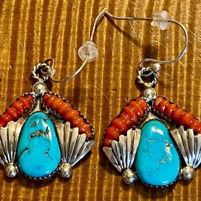 Vintage Zuni Lyolita Tsattie Sterling Silver Turquoise And Coral Wire Earrings - Total Weight 12.42 Grams 