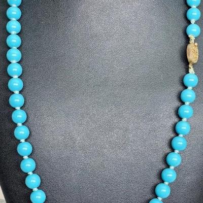 Vintage Blue Porcelain Round Knotted Bead 24 Inch Necklace 