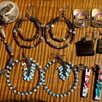 Costume Earrings - Rasco NYC - Wrap Blue Bead Hoops - Faux Turquoise - Enamel - Brass &  Faux Jade 
