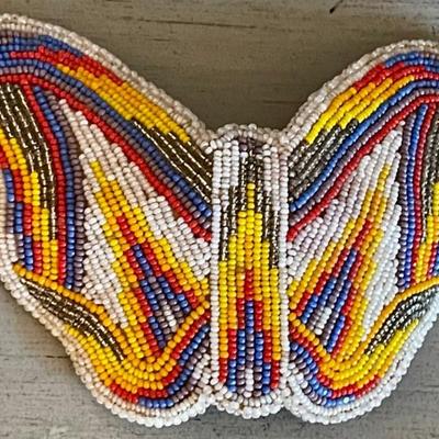 Vintage Seed Bead Butterfly Barrett With Leather Back