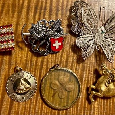 Vintage Pins - Red Cross - Victorian 4 Leaf Clover - Rhinestone Flag - MMA Unicorn