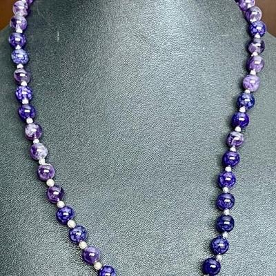 Purple Dragon Vein Purple Stone 19 Inch Necklace With Silver Beads 