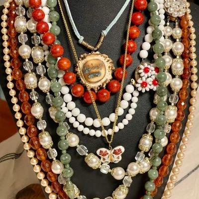 Assorted Vintage Bead & Lucite Necklaces - Japan Faux Pearl - Multi Strand - Green Plastic Bead - Cloisonne