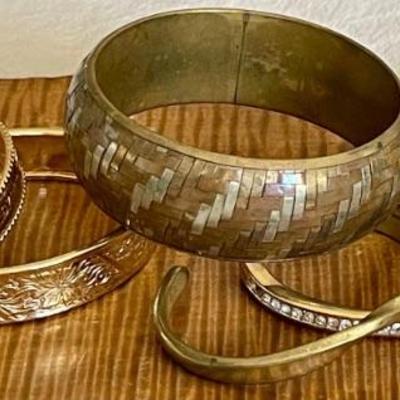 Vintage Brass & Gold Tone Bracelets - Mexico Shell - Woven Brass India - Rhinestone  -  Bangle