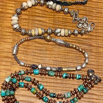 Bracelets - Seed Bead  - Brighton Silver Tone & Stone Bead - Stretch Metal Bead & Sterling Silver & Turquoise 
