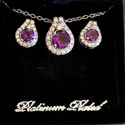 Gold Coast Platinum Plated 18 Inch Necklace And Earrings With Amethyst Stone In Original Box