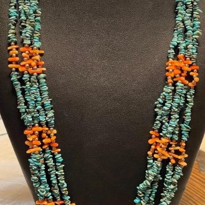 Vintage Navajo 5 Strand Turquoise Chip & Branch Coral 28 Inch Necklace With Sterling Silver Clasp