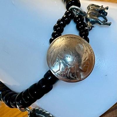 Black Onyx Bead Bracelet W Indian Head Nickel - Sterling Silver Charms - Teepee - Arrowhead - Chief - Horse