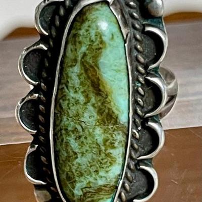 Vintage Navajo B. M. Sterling Silver & Green Turquoise Ring (as Is) Size 8.5 - Total Weight 10.17 Grams 