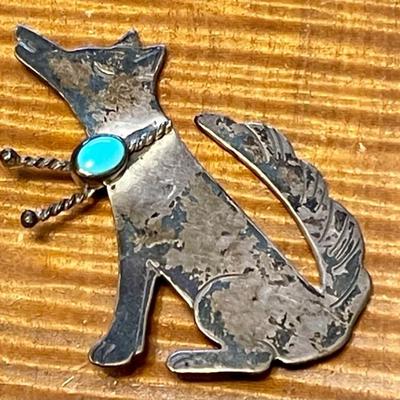 Vintage Sterling Silver & Turquoise Coyote Pin Total Weight 9.89 Grams 