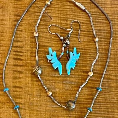 Liquid Silver - Turquoise & Stone Necklace, Ankle Bracelet And Fetish Earrings