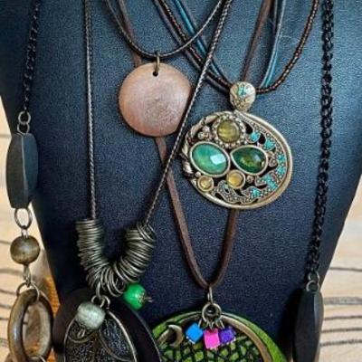 Assorted Boho Cord Necklaces With Wood Beads & Resin Pendants 