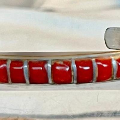 Native American Sterling Silver Navajo Cuff Bracelet With Inlay Coral - Total Weight 20.34 Grams 