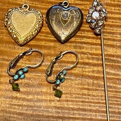 (2) Vintage Gold Heart Locket Pendants (1) Rhinestone Stick Pin And Small Bead Earrings 