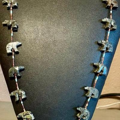 Vintage Zuni Stone Carved Bear Fetish 30 Inch Necklace With Heishi Beads And Sterling Clasp 