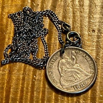 1889 Liberty Silver Dime Pendant With 18 Inch Sterling Silver 4.05 Grams 