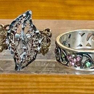 (4) Vintage Sterling Silver Rings - Filigree - Red Stone - Rhinestone Flower (as Is) Clear Stone Mexico