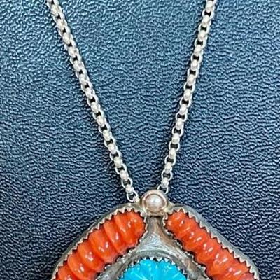 Vintage Zuni Lyolita Tsattie Sterling Silver Turquoise & Coral Pendant (as Is) W Sterling Silver 18" Box Chain