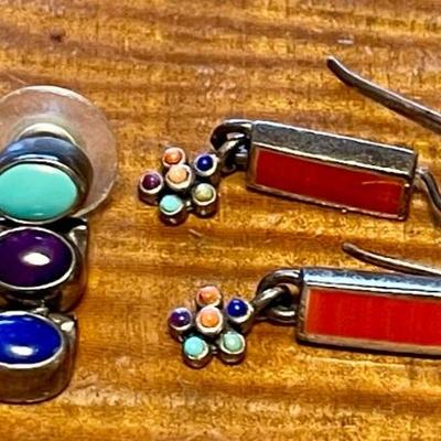 (2) Pairs Of Sterling Silver Earrings - (1) Acleoni Turquoise, Lapis & Charoite & Coral W Assorted Stone 