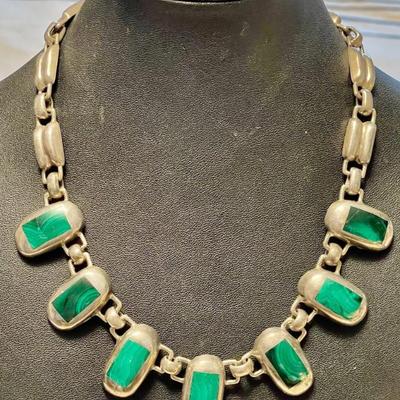 Stunning Vintage Mexico Heavy Sterling Silver & Malachite 16 Inch Necklace Total Weight 99.88 Grams 