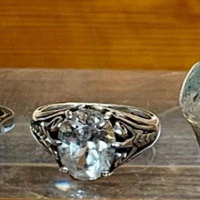 (3) Vintage Sterling Silver Rings - Heart (as Is) Single Clear Stone & Multiple Stone - 14.43 Grams 