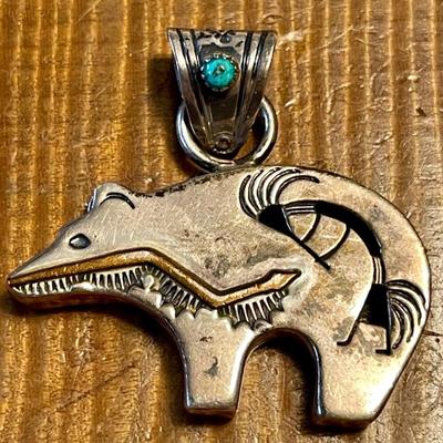 Cecil Perry Navajo Stamped Bear With Turquoise Pendant - Total Weight 11.76 Grams 