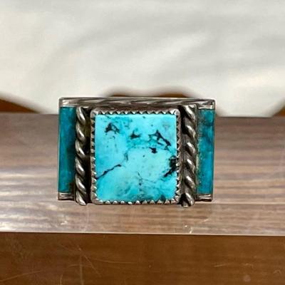 Vintage Sterling Silver Turquoise Ring - Signed - Size 9.5 - Total Weight 13 Grams 
