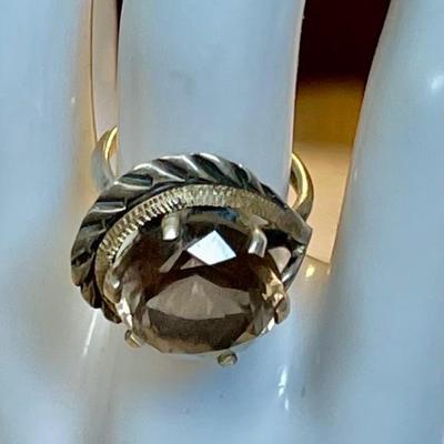 Vintage Mexico Sterling Silver & Large Faceted Smoky Quartz Stone Ring - Size 6.5 - Total Weight 6.26 Grams