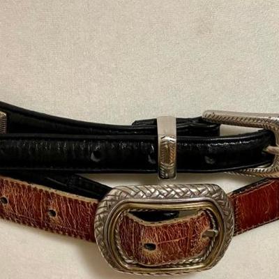 (2) Vintage Brighton Leather Belts (1) Seed Bead Thin Size 26 & (1) Brown & Black Leather Silver Tone Heart 34