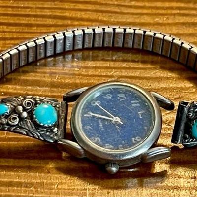 Michael R Rogers Piute Sterling Silver & Turquoise Lug Watch Band With Lapis Face Watch
