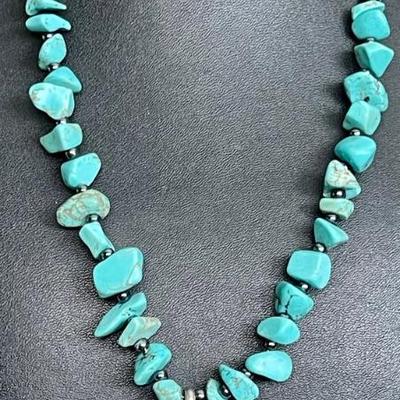 Robert Platero Navajo Sterling Silver - Black Onyx & Turquoise Pedant W Chunk Turquoise 19 Inch Necklace 