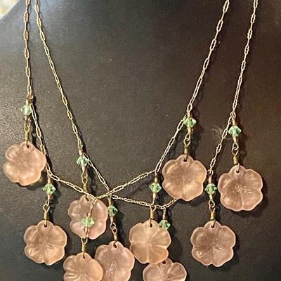 (2) Victorian  16 Inch Pink Glass Flower & Bead Gold Tone Necklaces 
