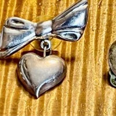 (2) Pairs Of Sterling Silver Earrings - Bows & Hearts Mexico And Dots With Turquoise - Total Weight 24 Grams